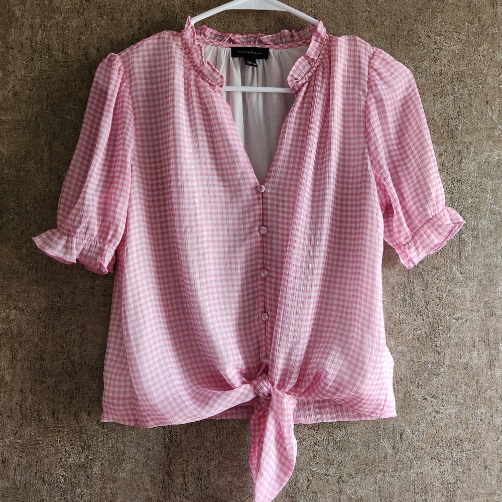 Pink Gingham Tie Blouse
